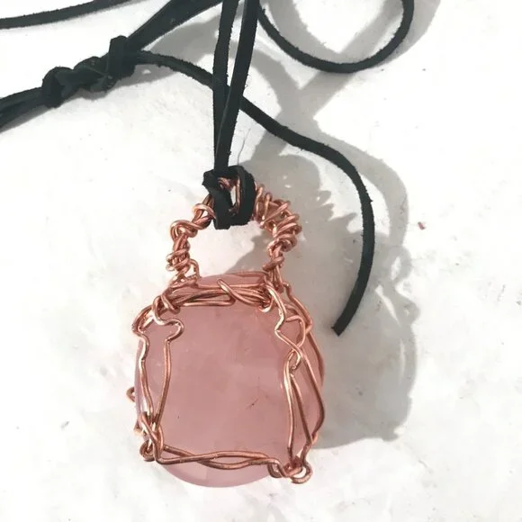 Rose Quartz Gemstone Solid Copper Pendant Unisex Genuine Leather Necklace Reiki